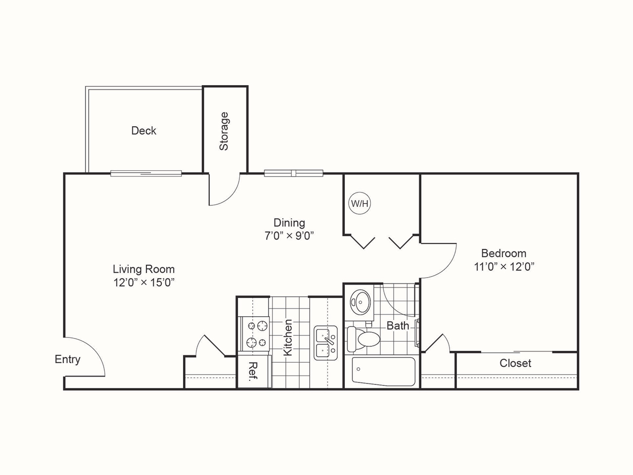 A floor plan for a one bedroom apartment.